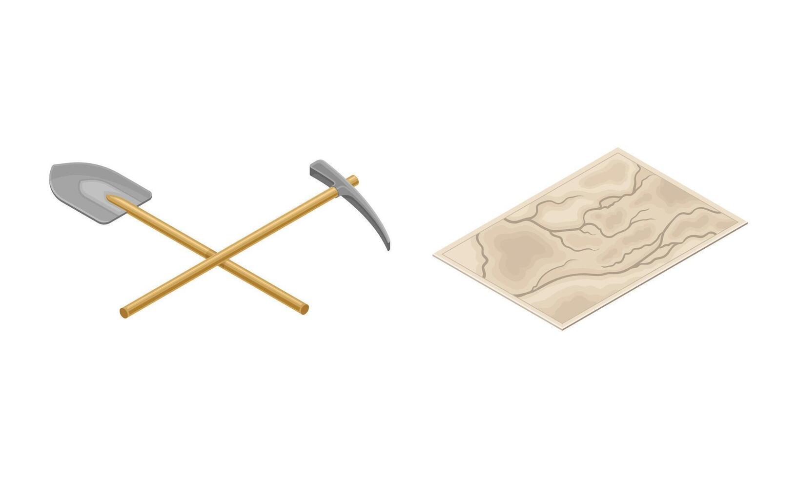 Mining geological industry tools set. Shovel, pickaxe and map illustration vector