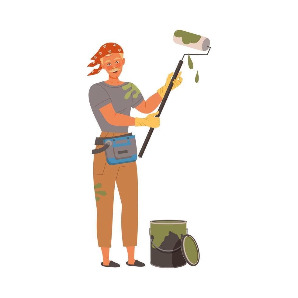 Man painting wall with roller paint. Househusband doing daily routine cartoon illustration vector