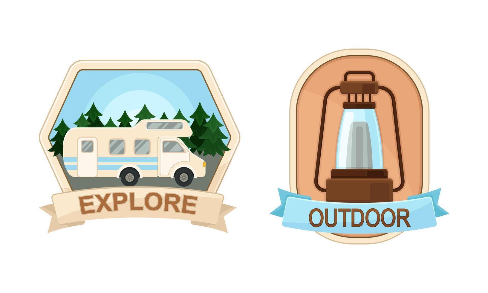 Camping and Outdoor Exploration Badge with Van and Lantern Set vector