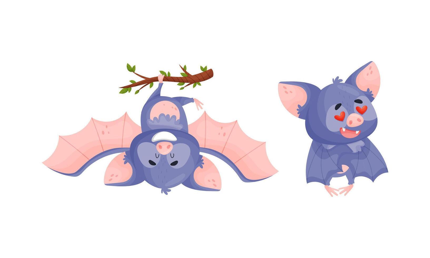 Funny Purple Bat Character Hanging Upside Down on Tree Branch and Feeling Love Set vector