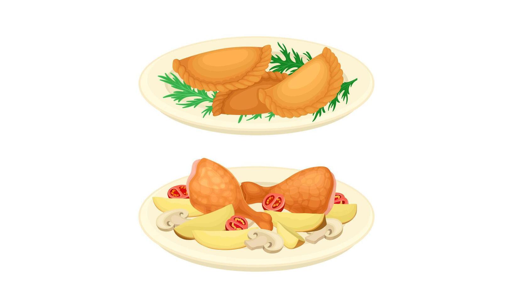 Served on Plate Dish with Fried Chicken Legs and Stuffed Dumpling Set vector