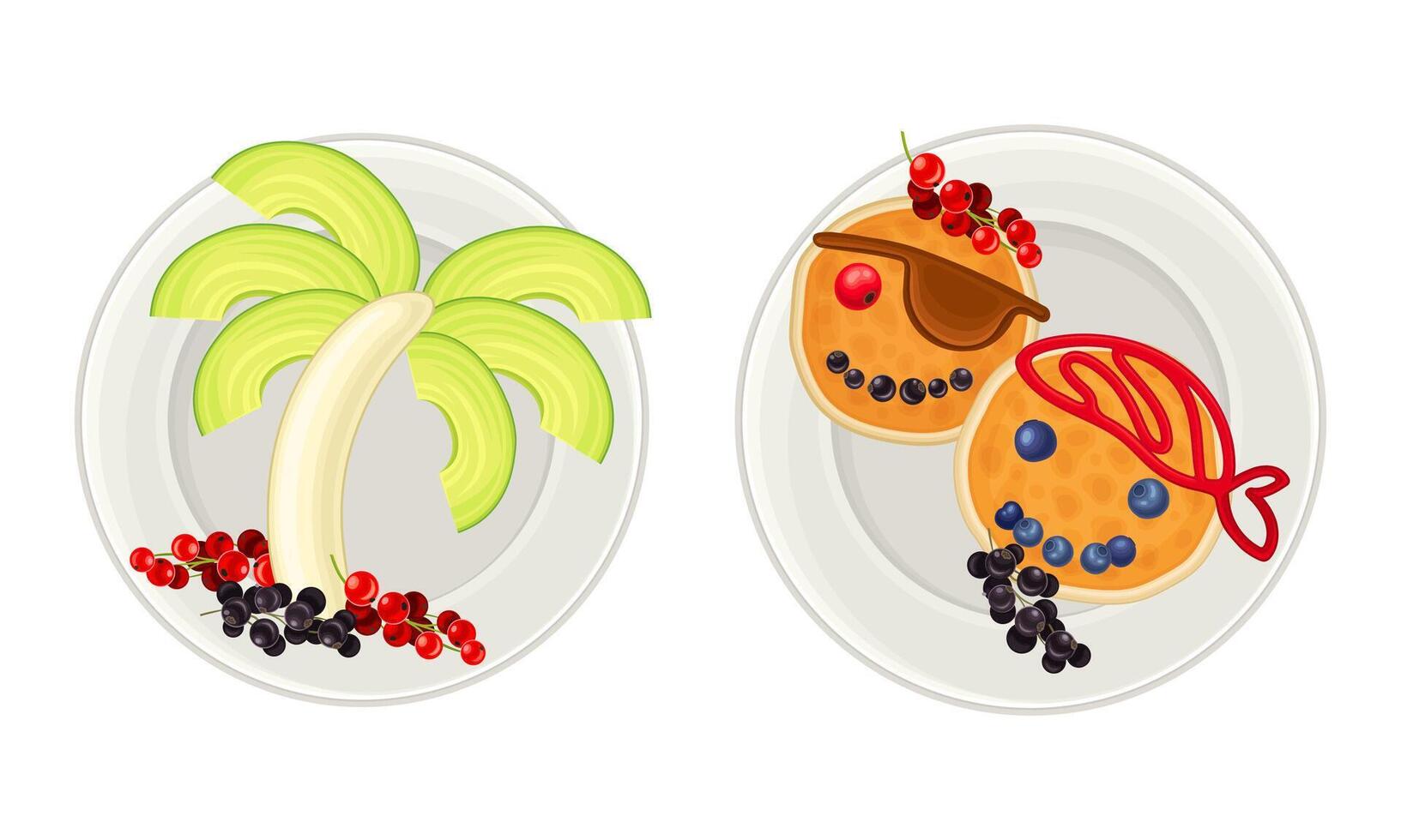 Creative meal dishes for kids served on plates set. Serving Ideas for healthy breakfast with fruit and pancakes cartoon illustration vector