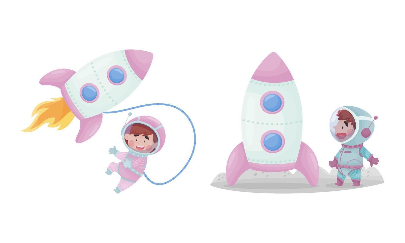 Little Kid Astronaut Wearing Spacesuit Exploring the Moon with Rocket Set vector
