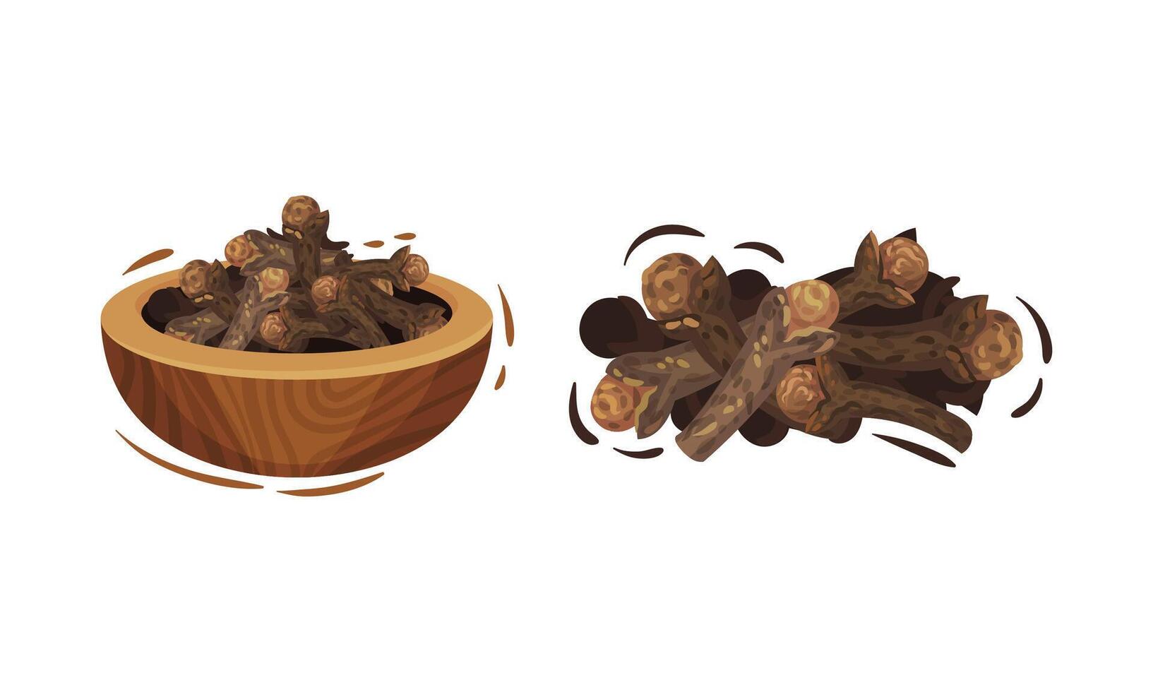 Dried Brown Cloves Condiment Piled in Bowl Set vector