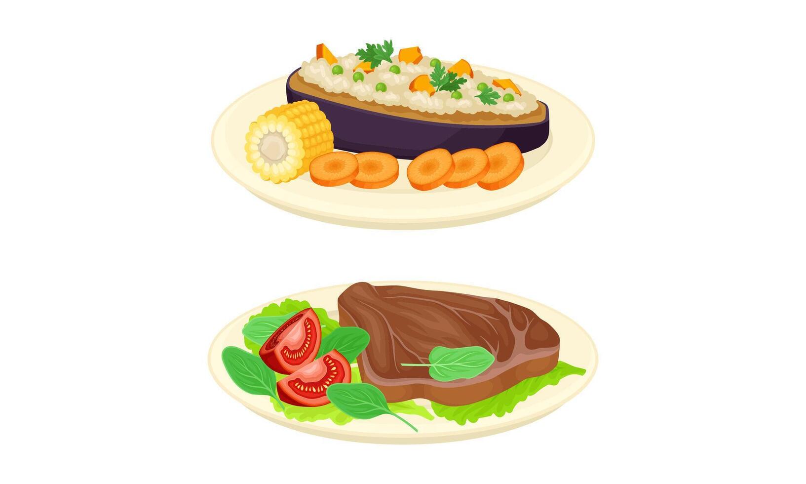 Served on Plate Dish with Stuffed with Porridge Eggplant and Beef Steak Set vector