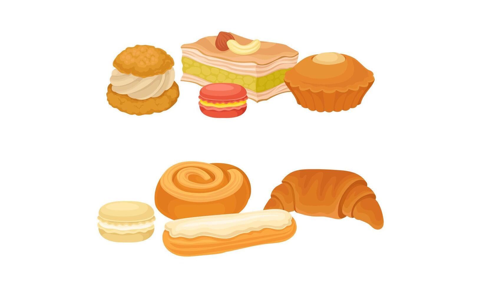 Sweet Confection and Pastry with Bun and Muffin Set vector