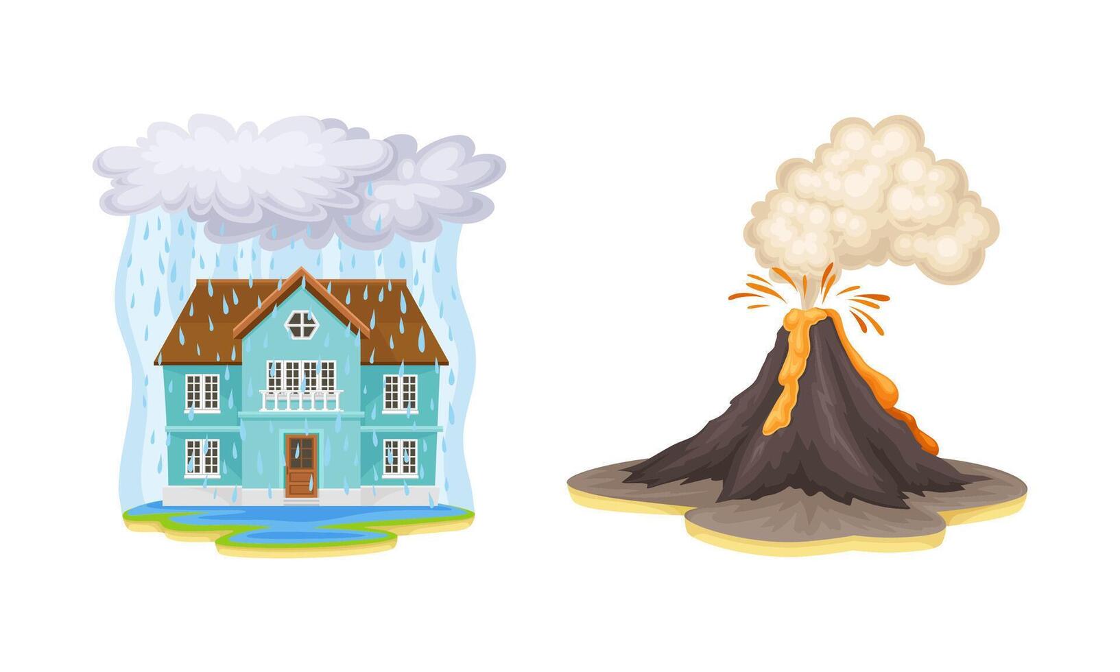 Natural disasters set. Flood and volcano eruption cartoon illustration vector