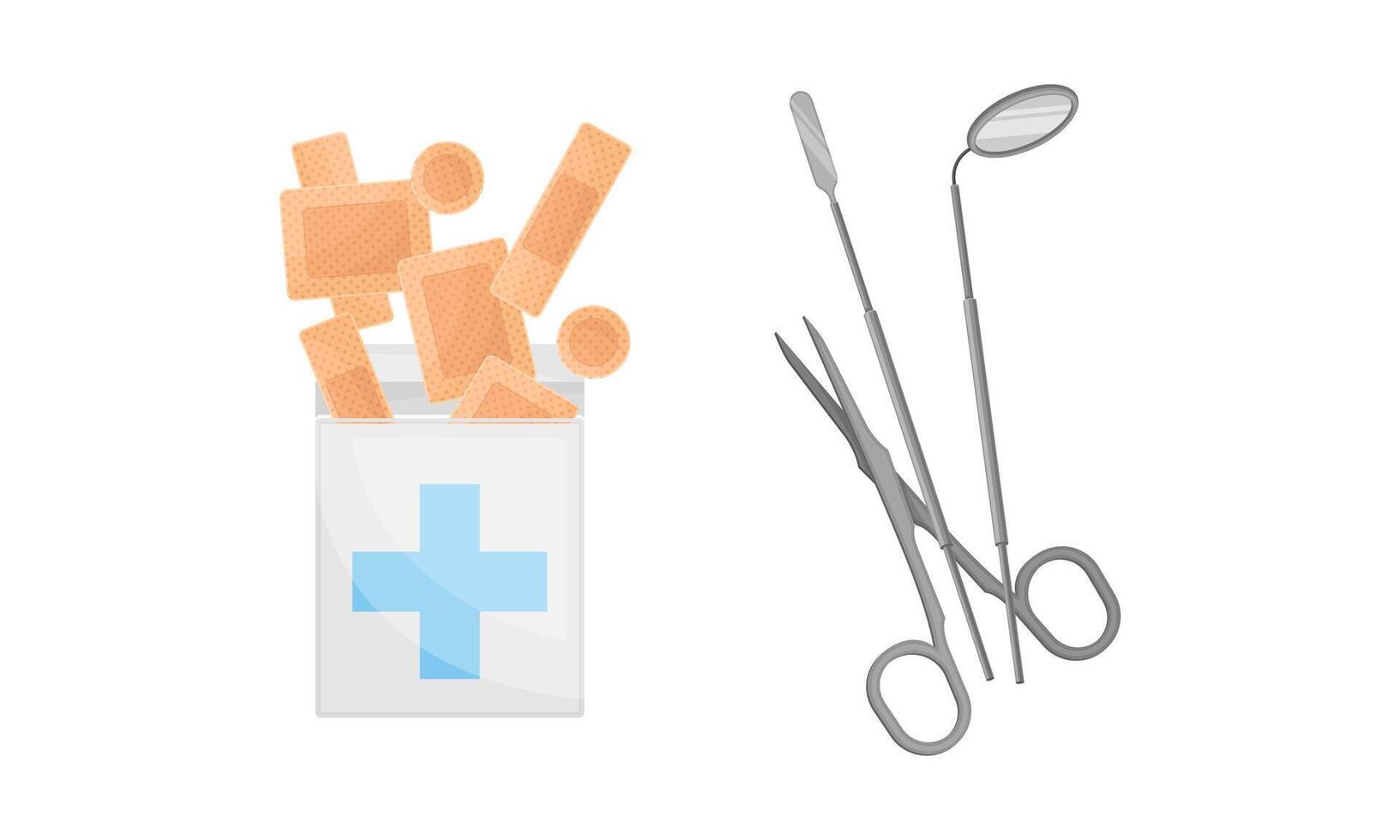 Set of different medical tools. Medical patch, scissors, scraper illustration vector