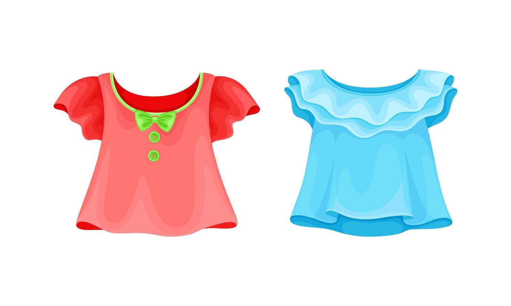 Summer clothes for little girl set. Red and blue cotton blouses cartoon illustration vector