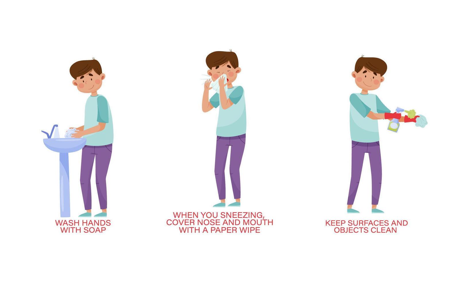 Coronavirus prevention set. Wash hands with soap, coe nose and mouth when sneezing, keep surface and objects clean cartoon illustration vector