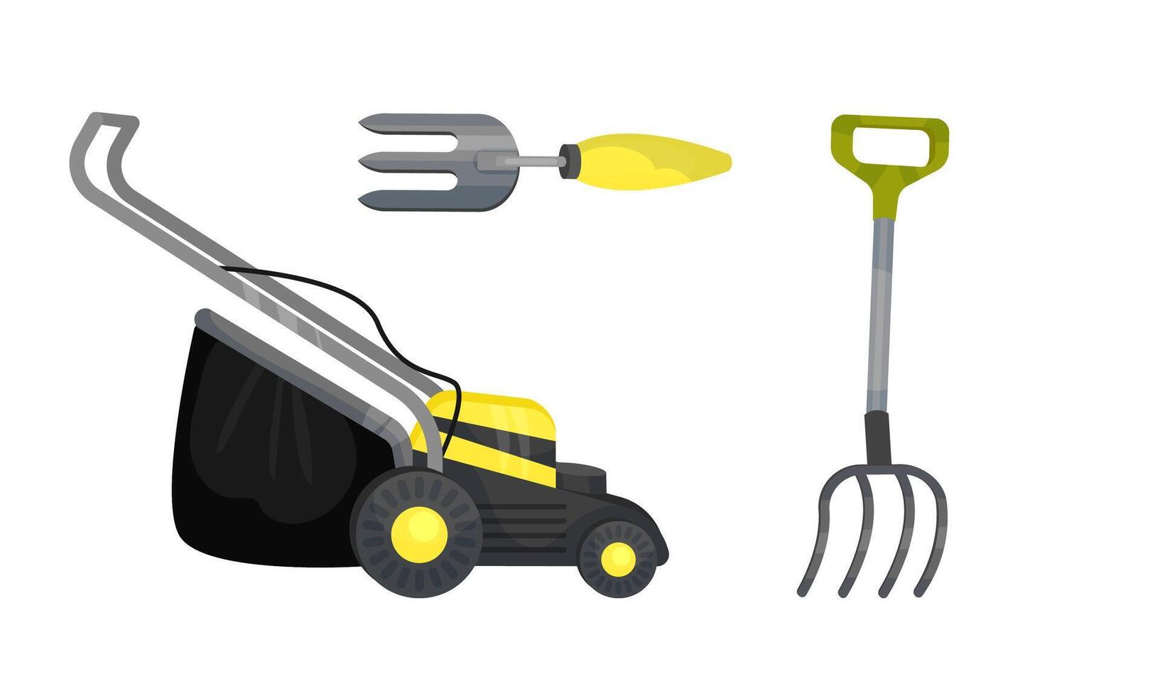 Mower and Fork as Garden Tools and Equipment Set vector