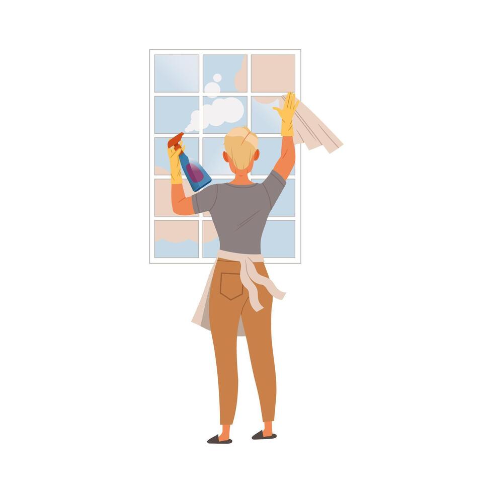 Man washing window at home. Househusband at everyday routine cartoon illustration vector