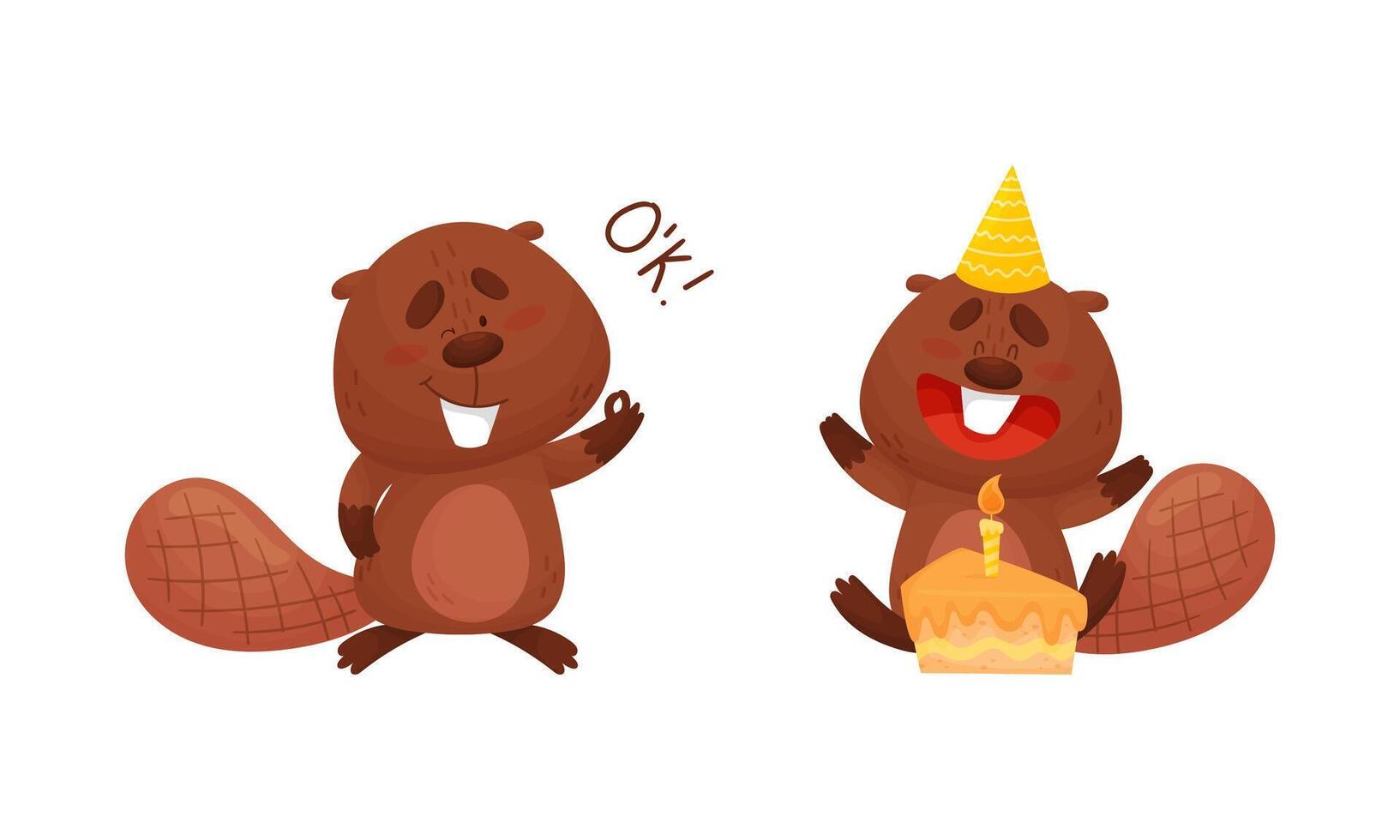 Funny Beaver Character with Flat Tail Celebrating Birthday with Cake and Showing Ok Gesture Set vector