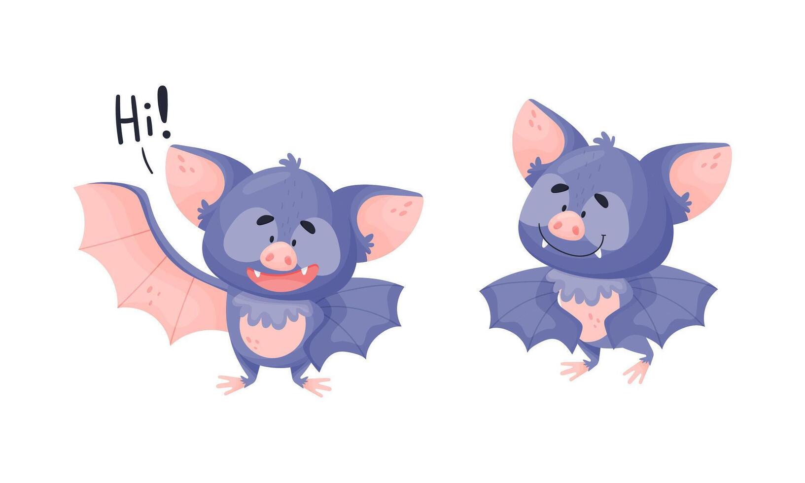 Funny Purple Bat Character Greeting Saying Hi Set vector
