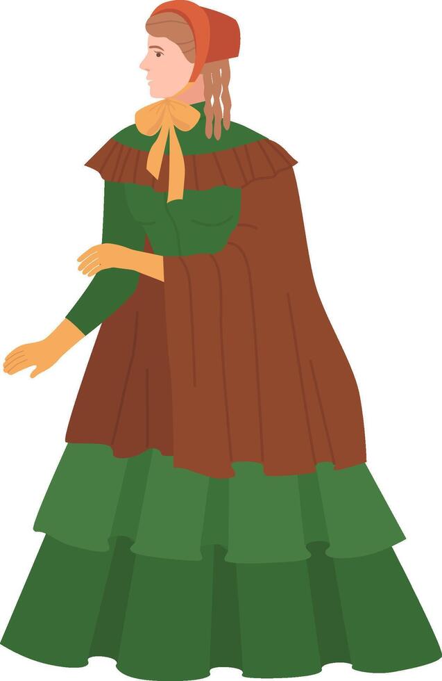 Woman in luxury historical costume of 19th century. Victorian fashion cartoon illustration vector