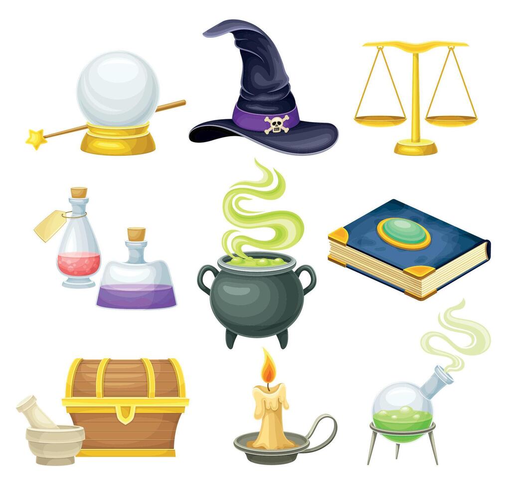 Magic objects set. Magic wand, glass ball, cauldron with bubbling potion, book, scales, candle, chest cartoon illustration vector