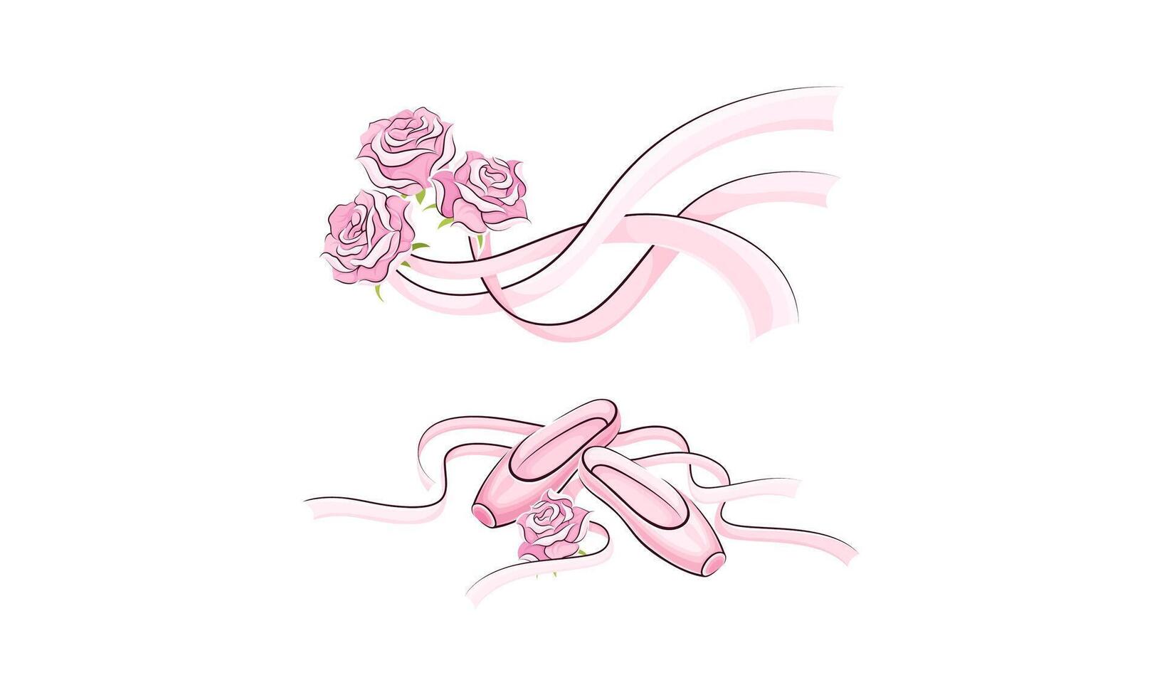 Ballerina accessories set. Pink pointes and rose flowers with bow hand drawn illustration vector