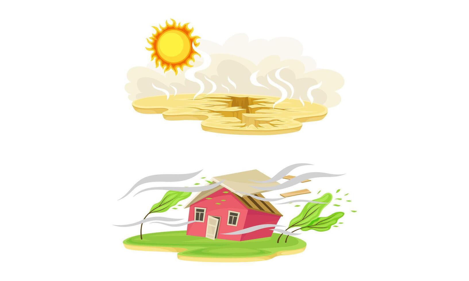 Natural disasters set. Drought and hurricane cartoon illustration vector