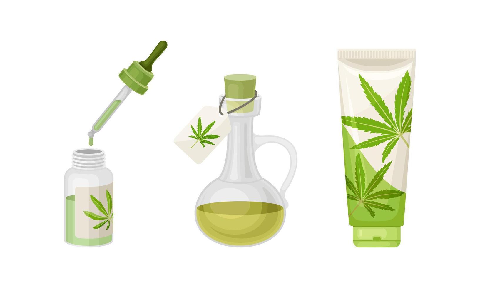 Cannabis Oil in Jar with Label and Cream in Tube Set vector
