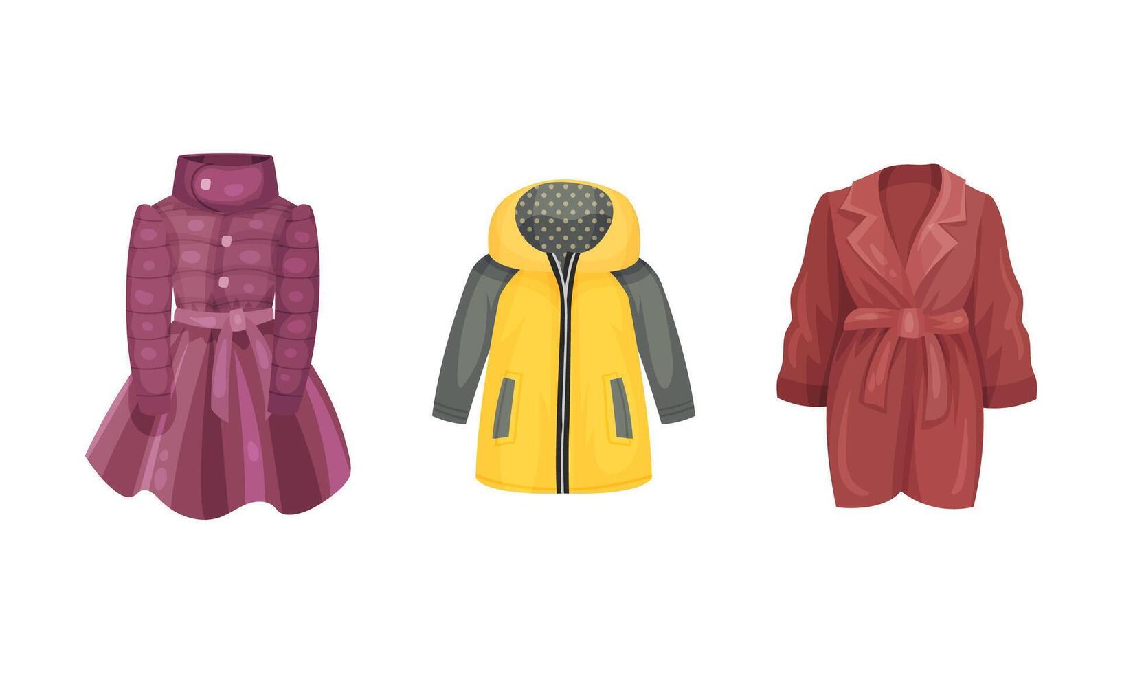 Fashionable women outerwear set. Warm coat and jacket. Trendy winter, spring or autumn clothing illustration vector
