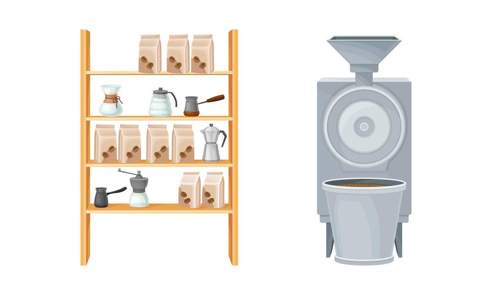 Coffee industry production set. Coffee grinder machine and packagings of aromatic coffee illustration vector