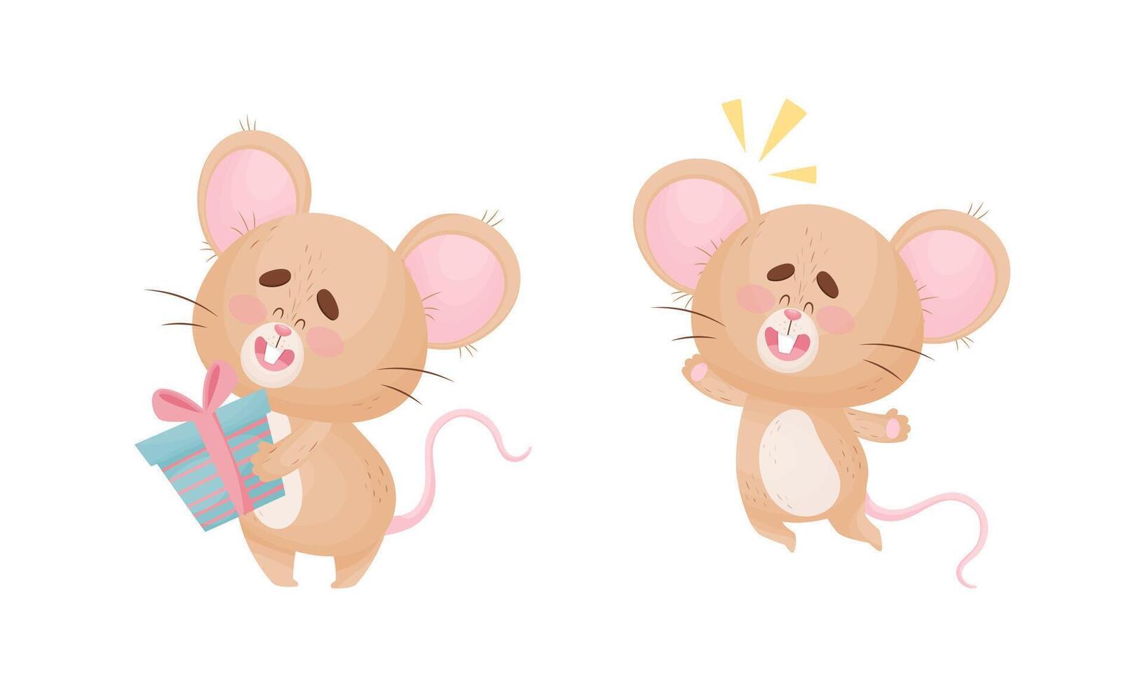 Cute Mouse Character as Small Rodent Jumping with Joy and Holding Gift Box Set vector