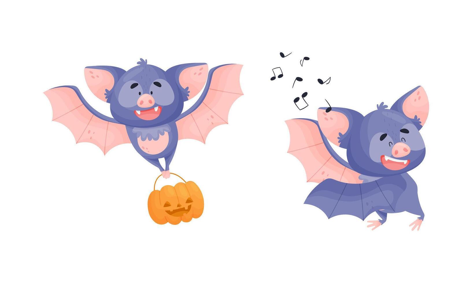 Funny Purple Bat Character Carrying Pumpkin and Singing Set vector