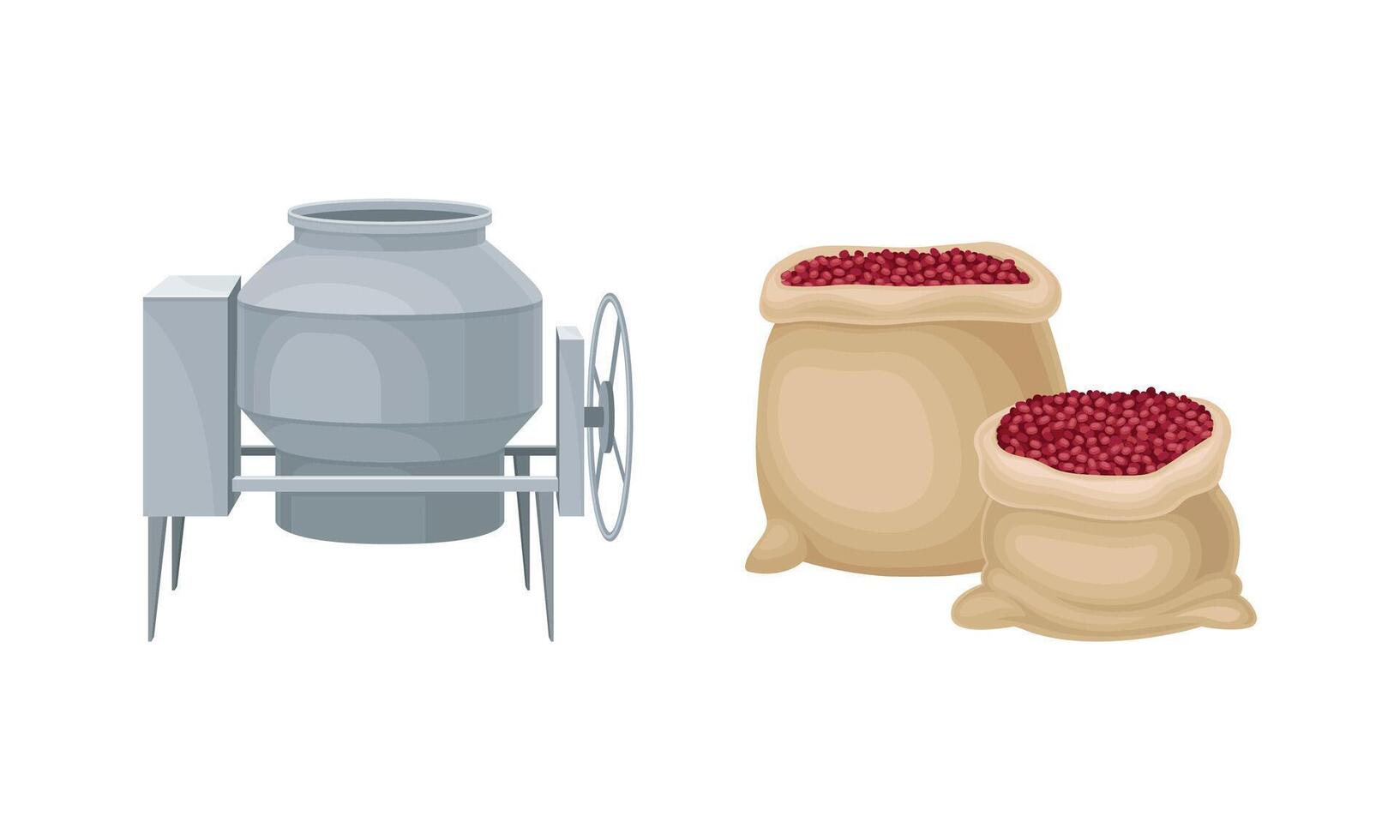 Coffee industry production set. Sack of ripe coffee fruits and processing machine illustration vector