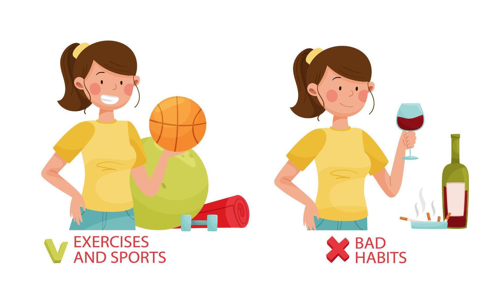 Harmful and useful habits for diabetes. Exercises and sports, bad habits illustration vector