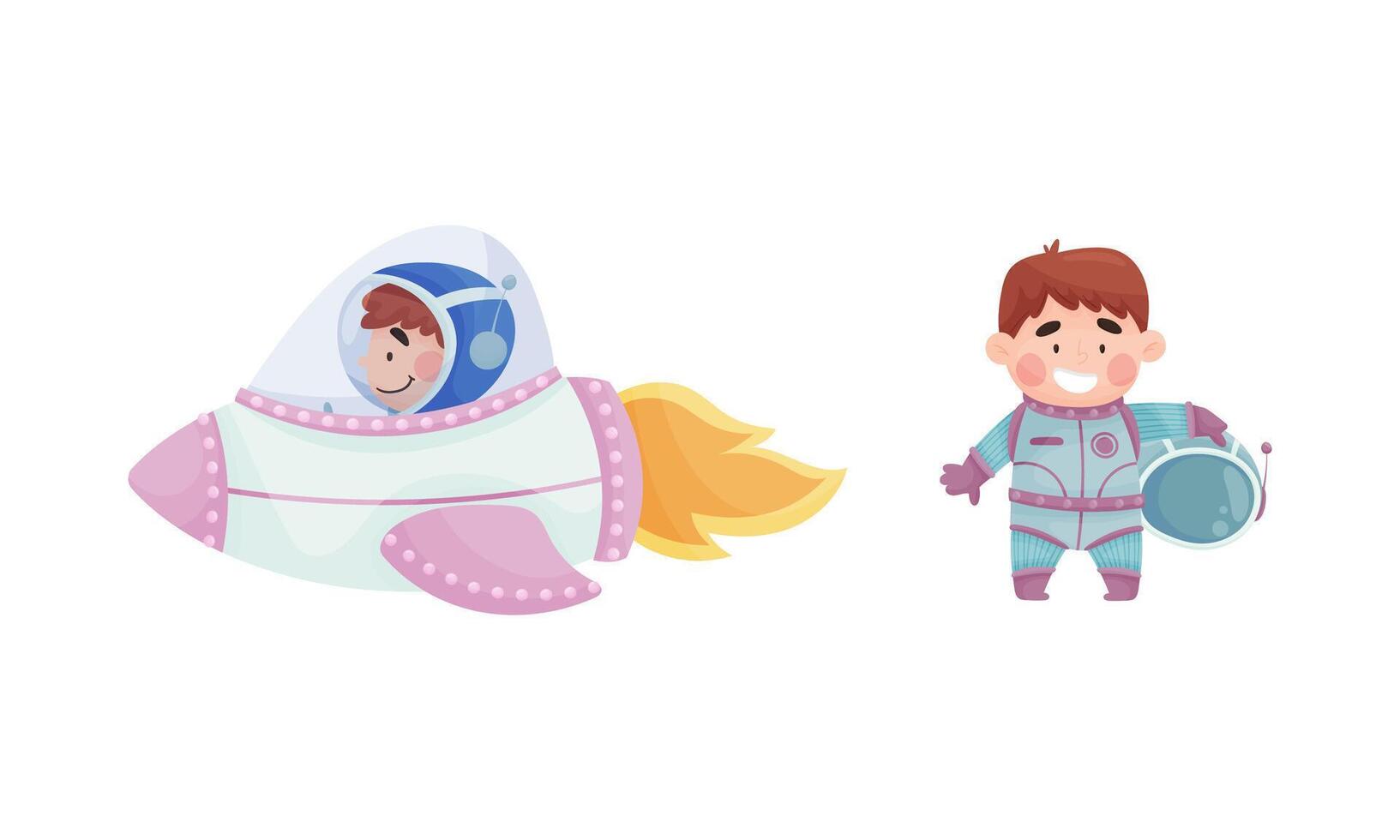 Little Boy Astronaut Wearing Spacesuit Exploring the Moon Flying with Spaceship and Smiling Set vector