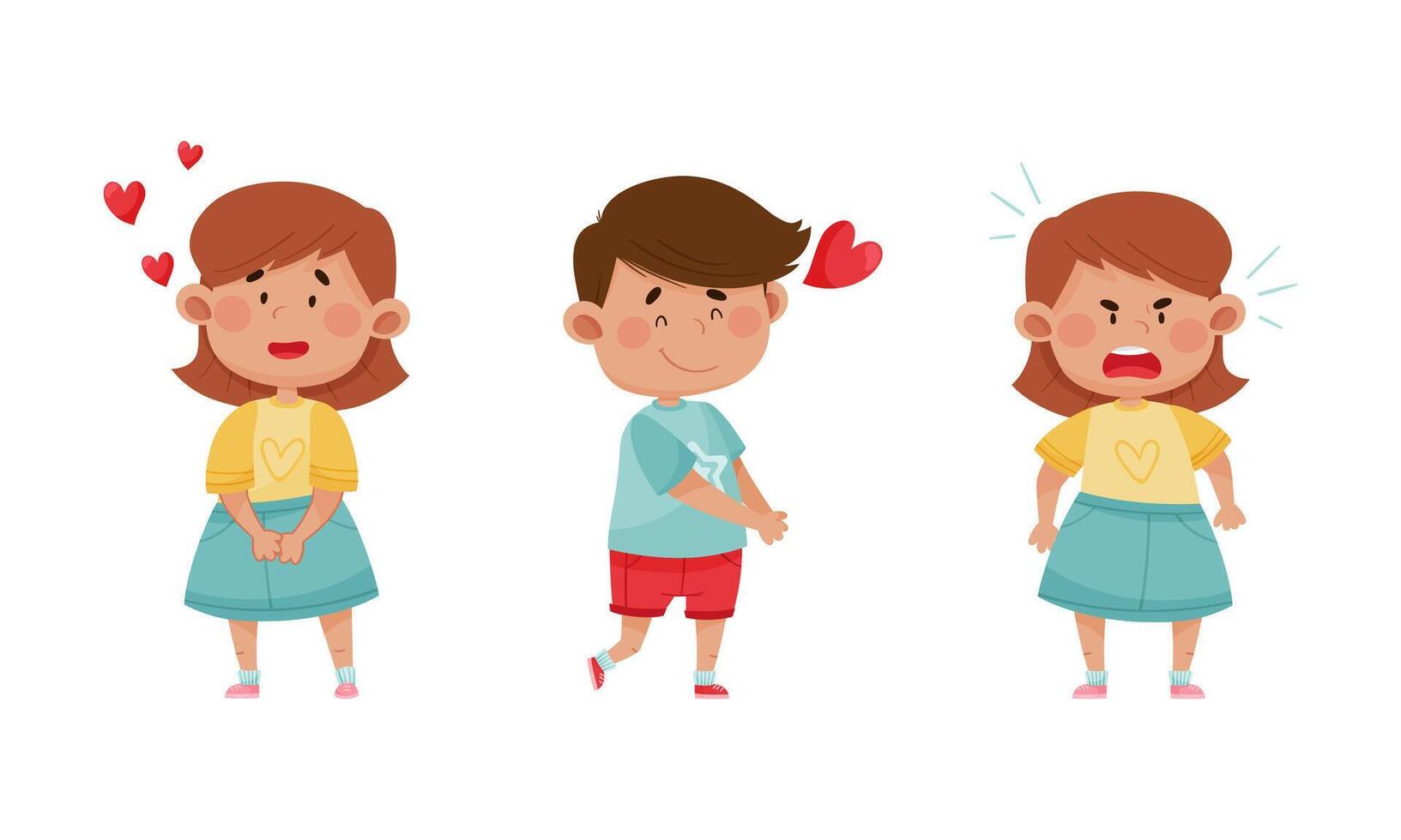 Cute kids emotions set. Children with different face expressions. Lovely and angry boy and girls cartoon illustration vector