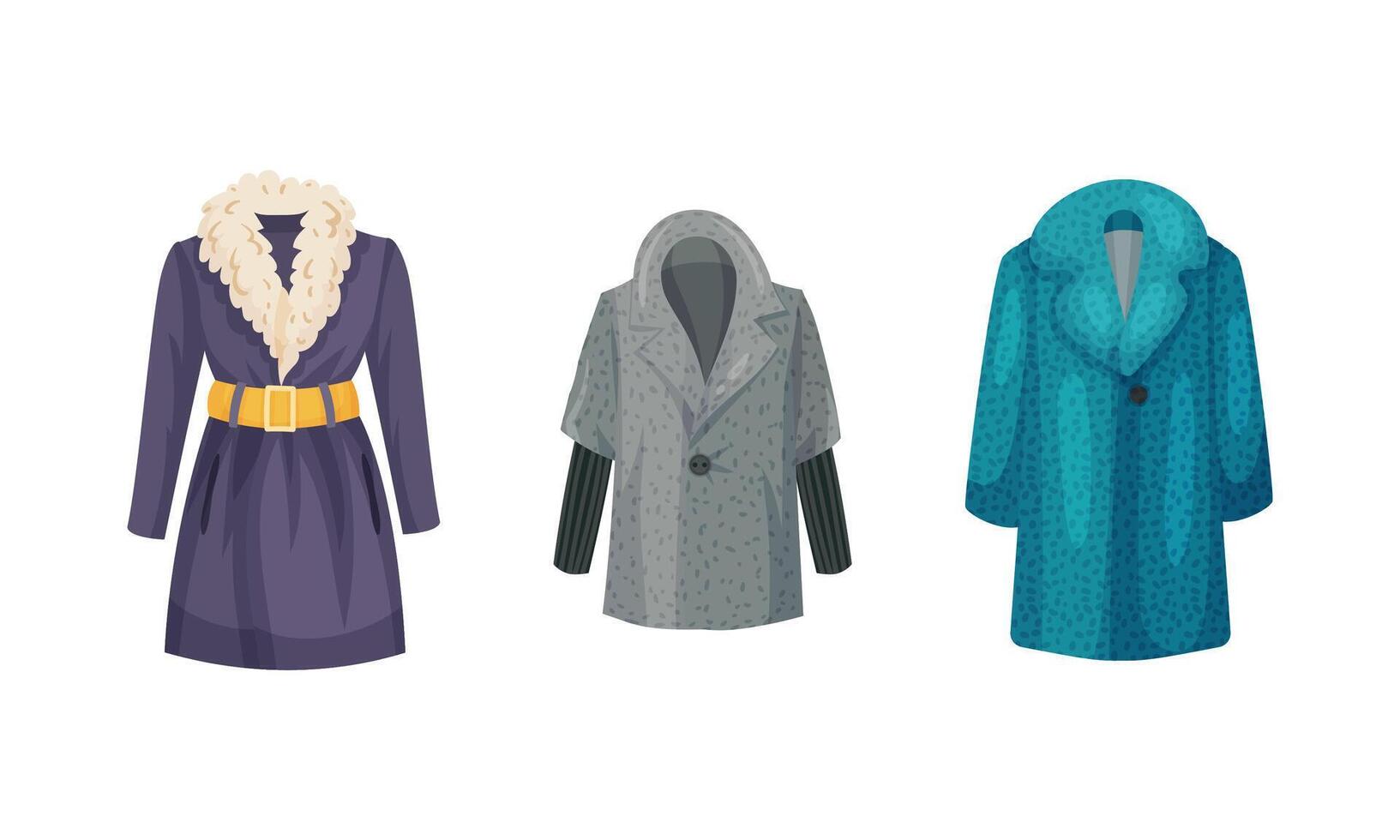 Fashionable women outerwear set. Warm coat, stylish winter, spring or autumn clothing illustration vector