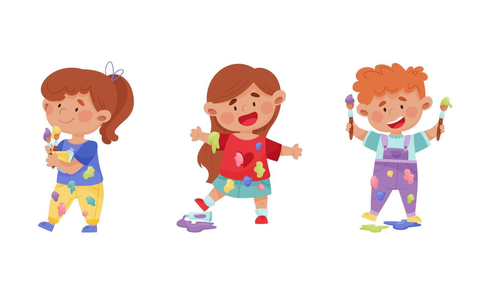 Creative kids in stained clothes holding paint brushes set cartoon illustration vector