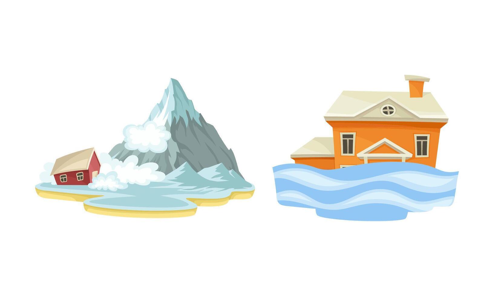 Natural disasters set. Snow avalanche and flood cataclysms cartoon illustration vector