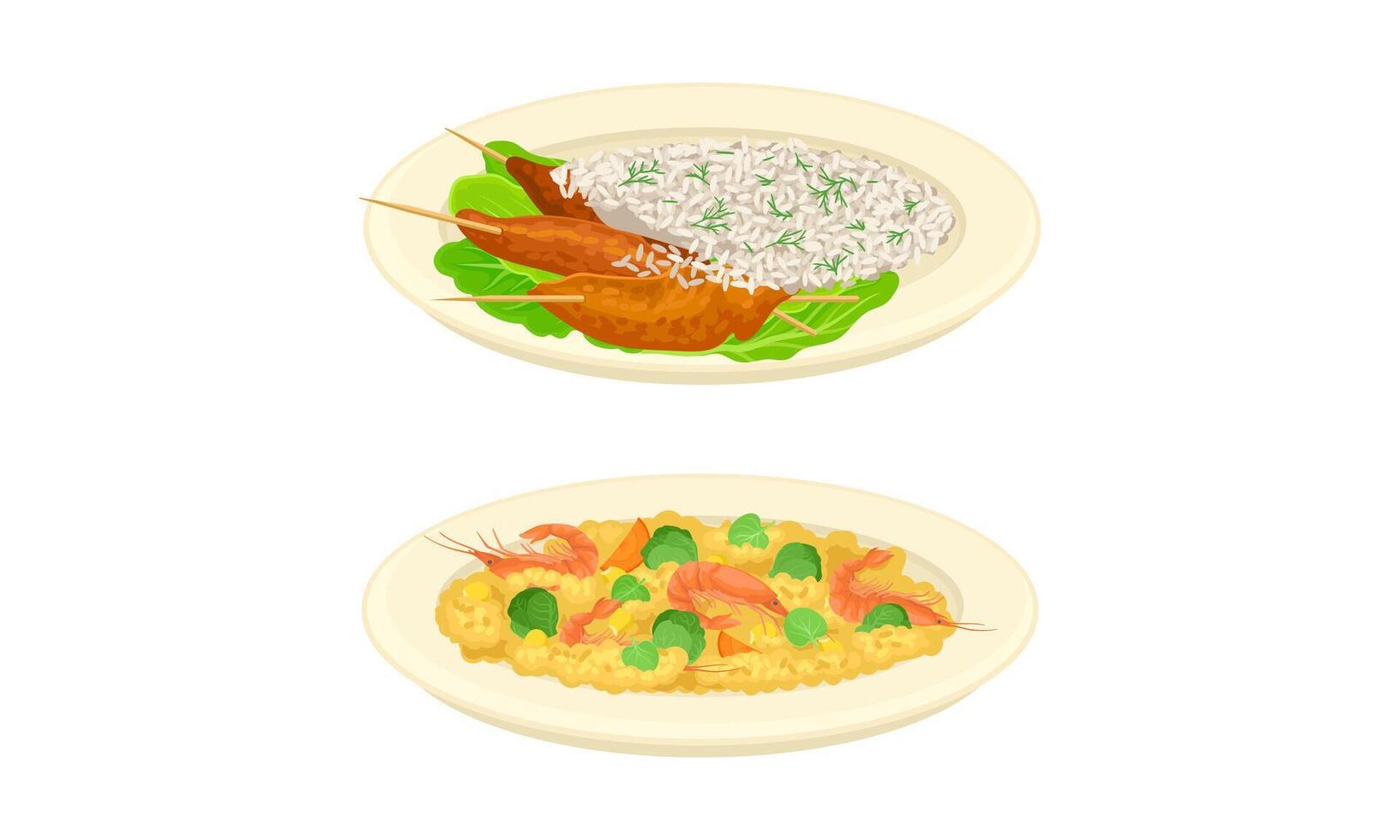 Served on Plate Dish with Shrimp Porridge and Boiled Rice and Skewered Prawns Set vector