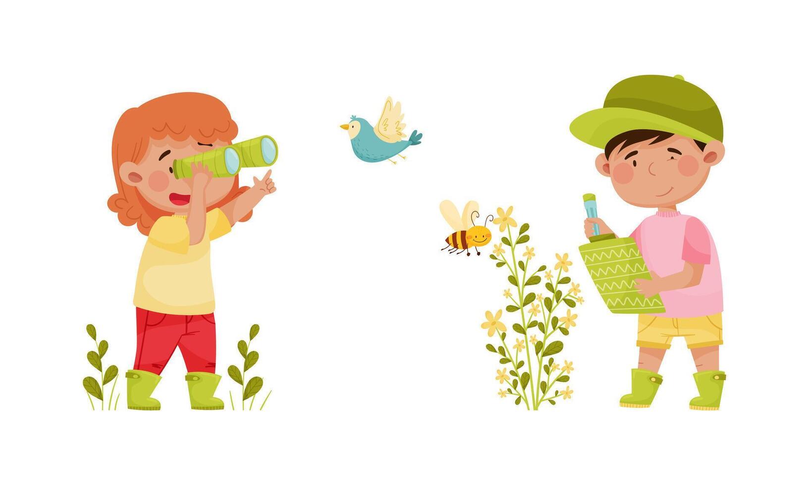 Cute kids exploring birds and insects in forest or park set. Nature lovers looking through binoculars and reading book about animals cartoon illustration vector