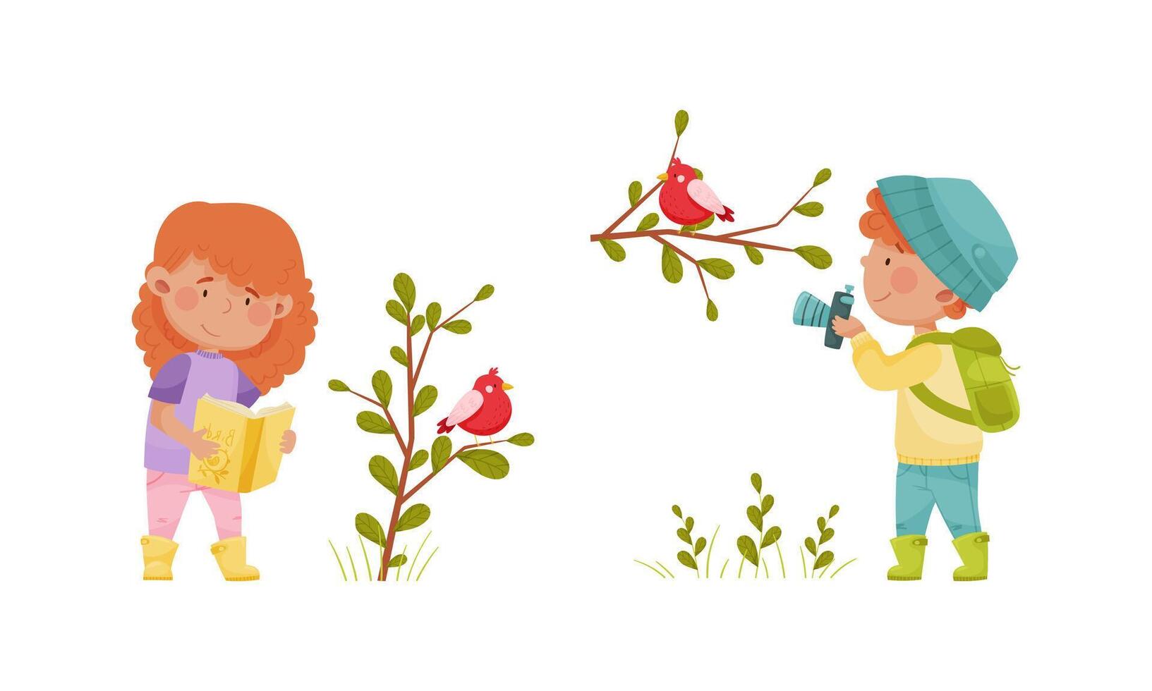 Cute kids exploring birds in forest or park set. Nature lovers photographing and reading book cartoon illustration vector
