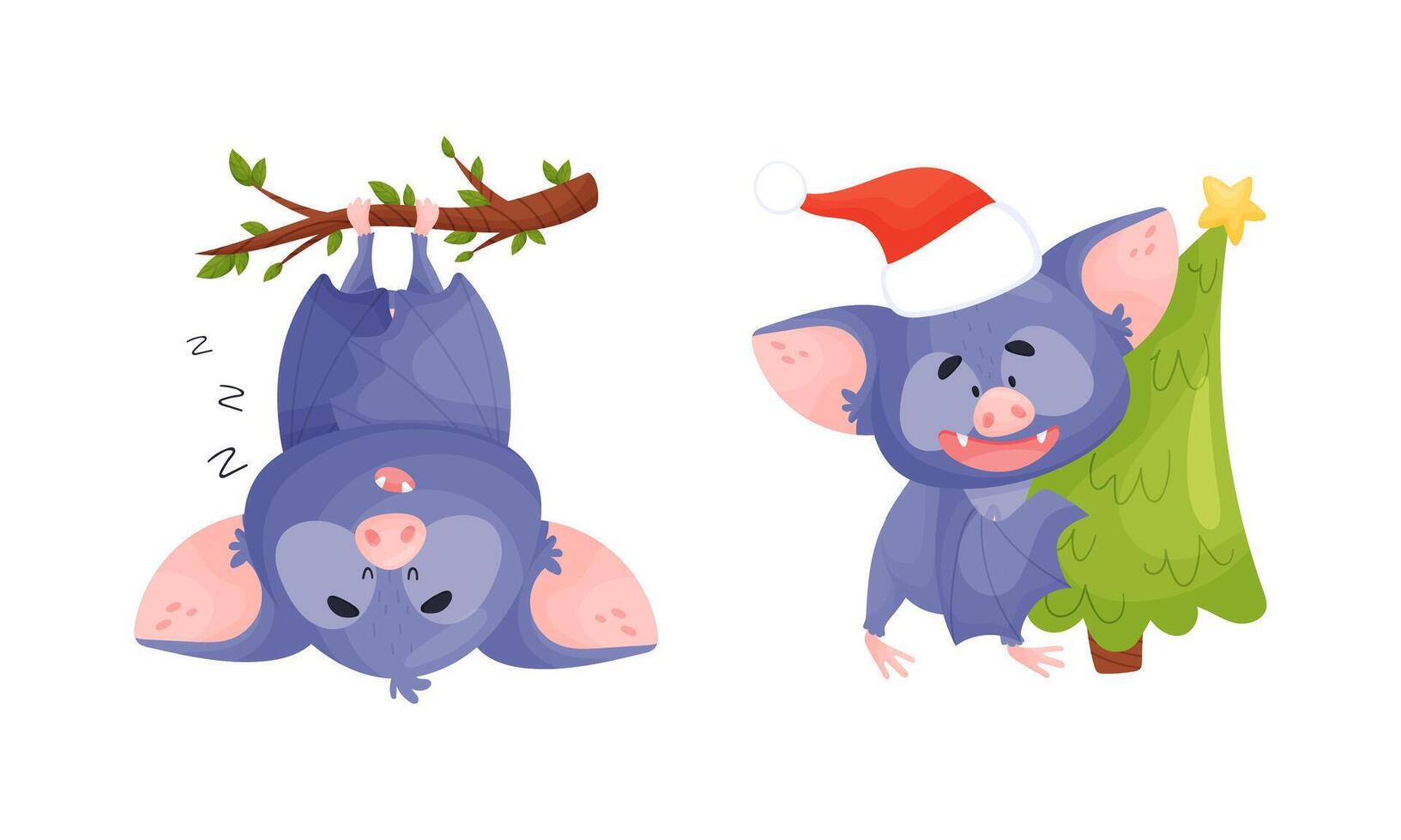 Funny Purple Bat Character Hanging Upside Down on Tree Branch and Carrying Fir Tree Set vector