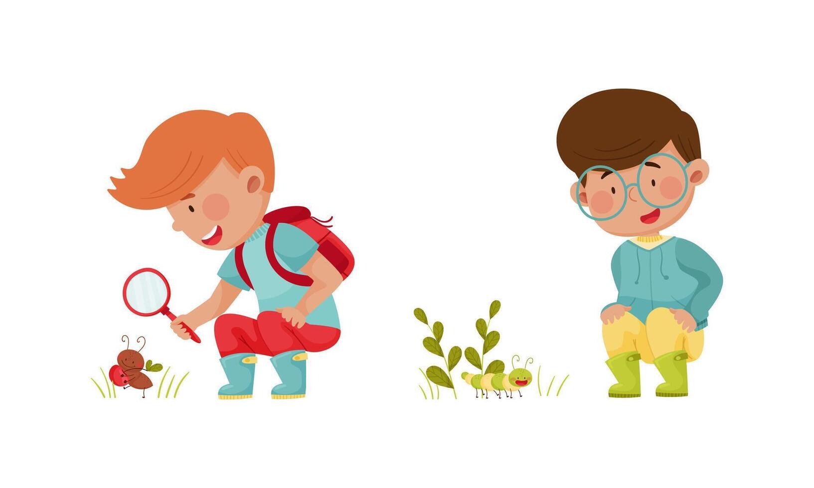 Cute boys exploring insects in forest or park set cartoon illustration vector