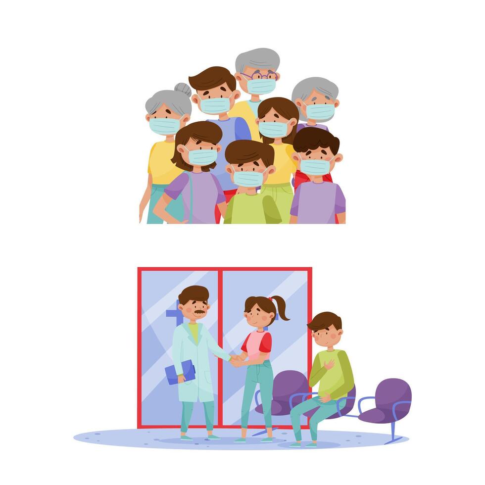 Family members wearing face protection masks. Patient visiting hospital for doctor appointment in emergency hospital hall cartoon illustration vector