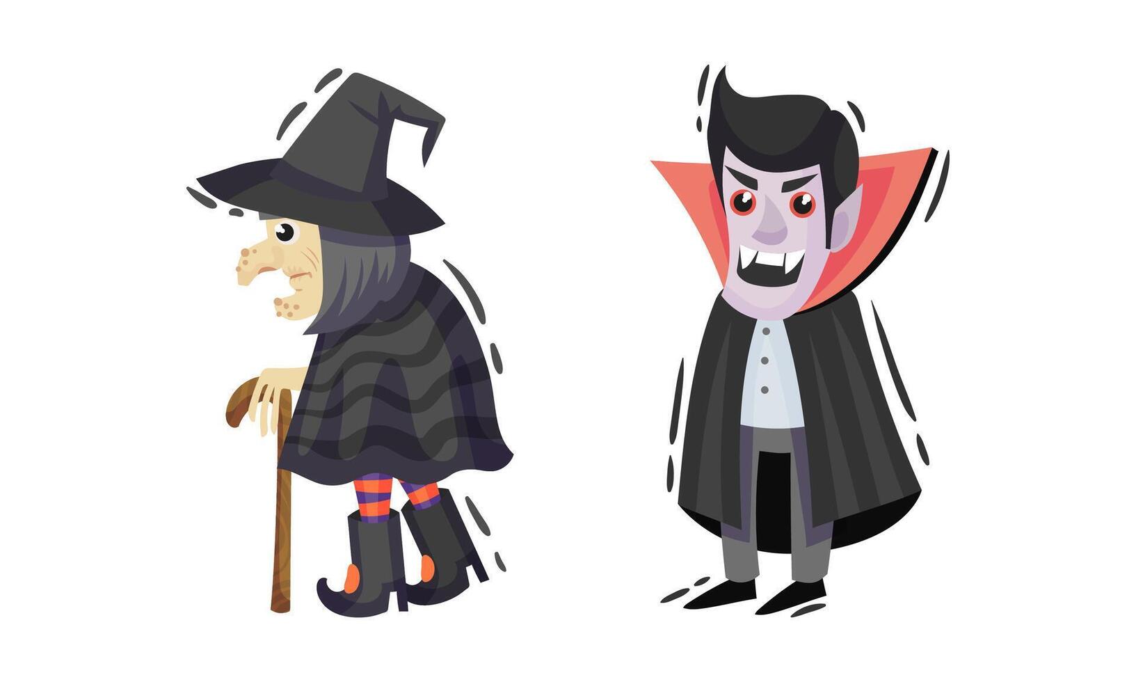 Old Witch with Cane and Dracula in Cape as Halloween Symbol Set vector