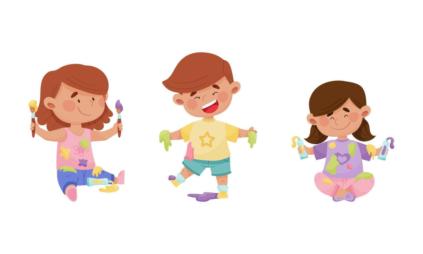 Cute funny creative boy and girls in stained clothes painting with paints and brushes set cartoon illustration vector
