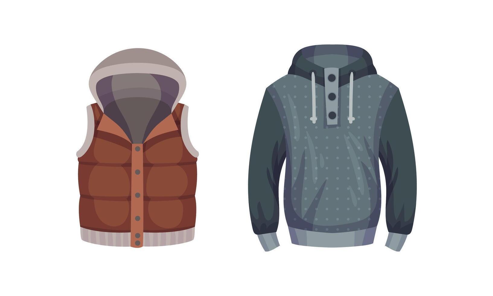 Casual outfit for men set. Stylish fashionable puffer vest and hoodie illustration vector