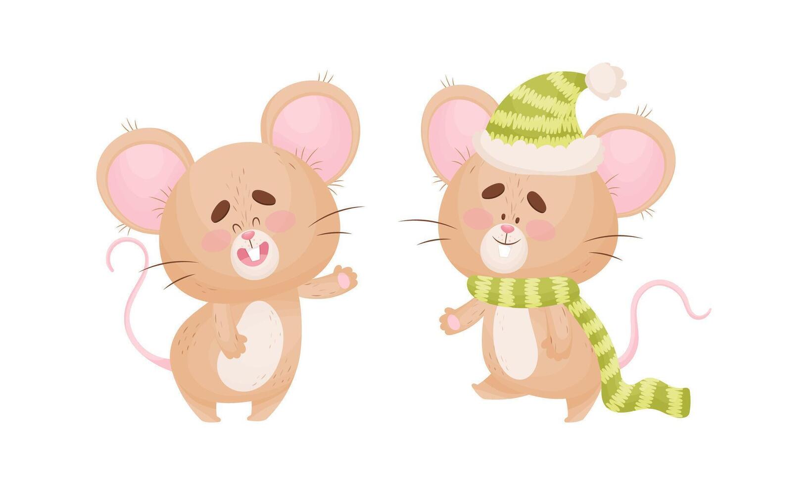 Cute Mouse Character as Small Rodent Wearing Knitted Hat and Waving Paw Set vector