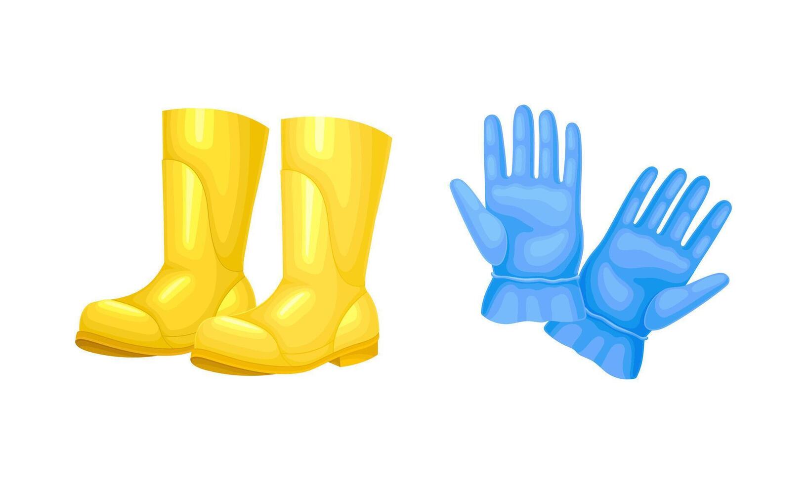Set of gardening tools. Yellow rubber boots and gloves cartoon illustration vector