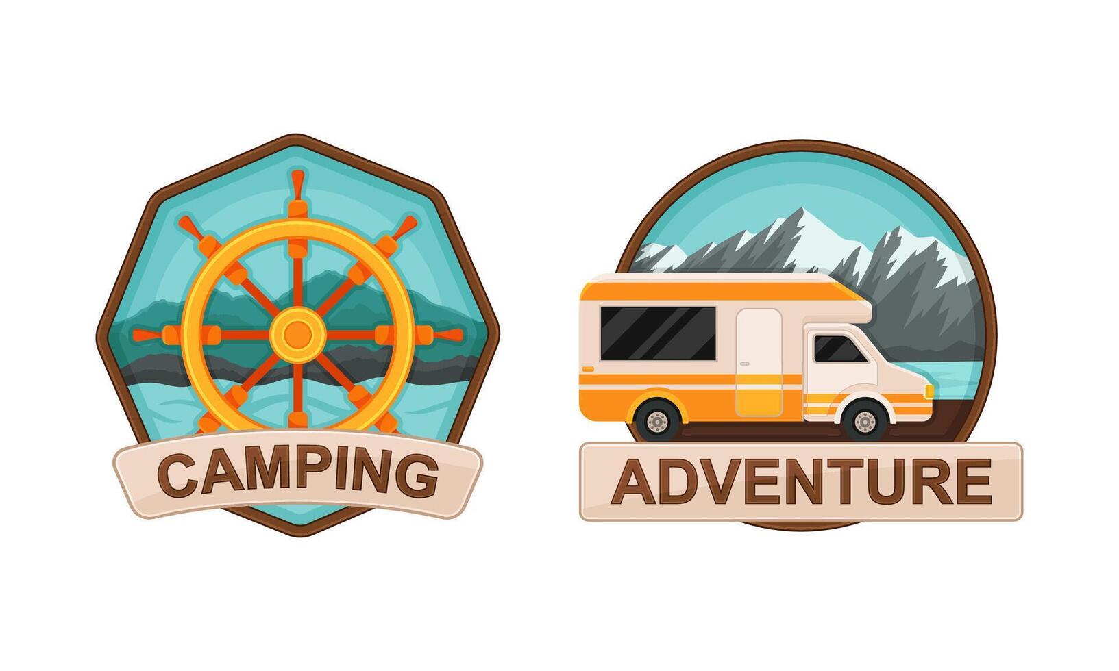 Camping and Outdoor Exploration Badge with Steering Wheel and Van Set vector