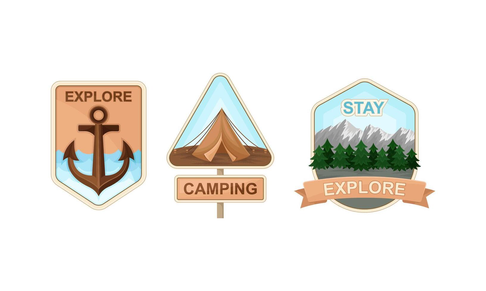 Camping and Outdoor Exploration Badge with Anchor and Tent Set vector