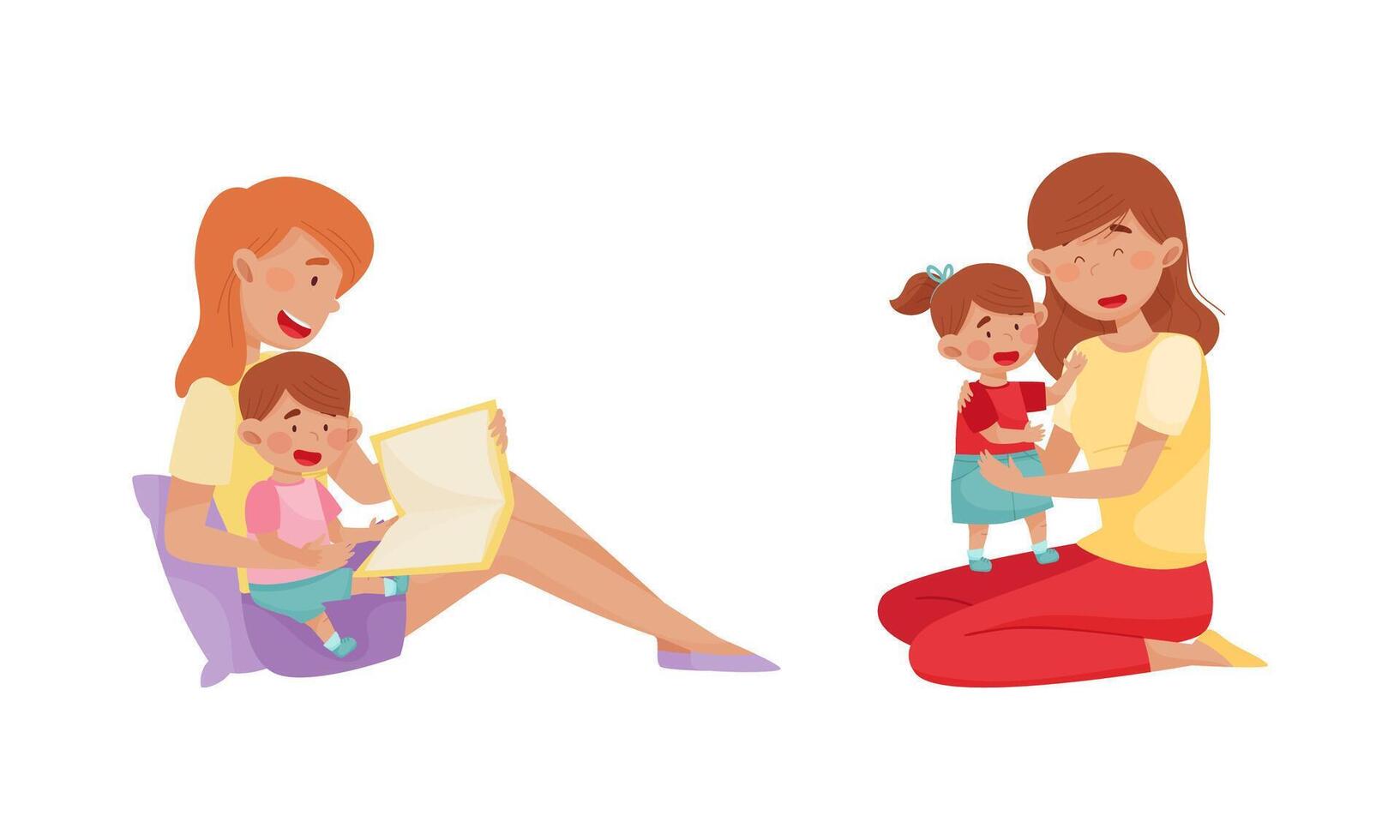Mom hugging toddler babies set. Happy mothers sitting on floor while reading and playing with their kids cartoon illustration vector
