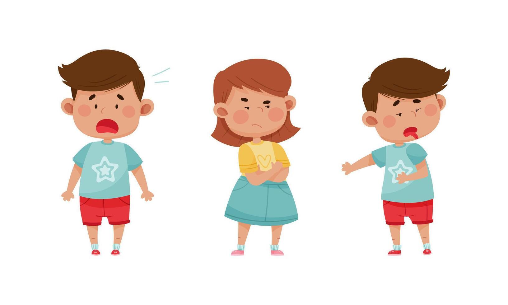 Cute kids emotions set. Boys and girl with disgusted, scared, sceptic face expressions cartoon illustration vector