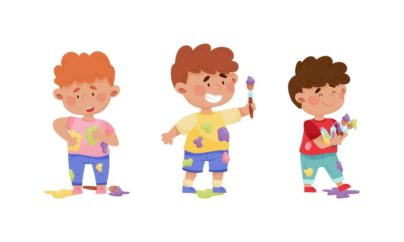 Cute funny creative boys in stained clothes painting with brushes set cartoon illustration vector